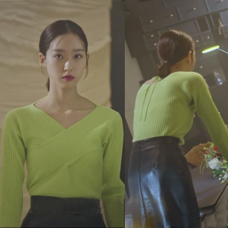 韩剧顶楼2周锡京同款绿色毛衣女v领设计感小众针织衫春秋薄款上衣