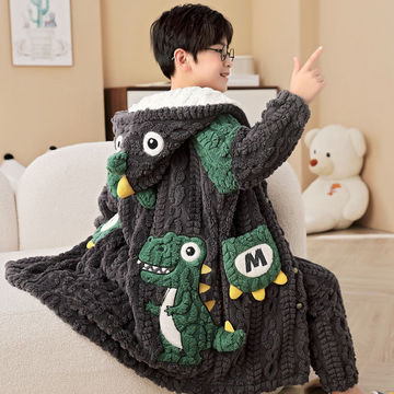 男童睡袍儿童法兰绒睡衣秋冬季珊瑚绒加厚恐龙男孩家居服长款套装