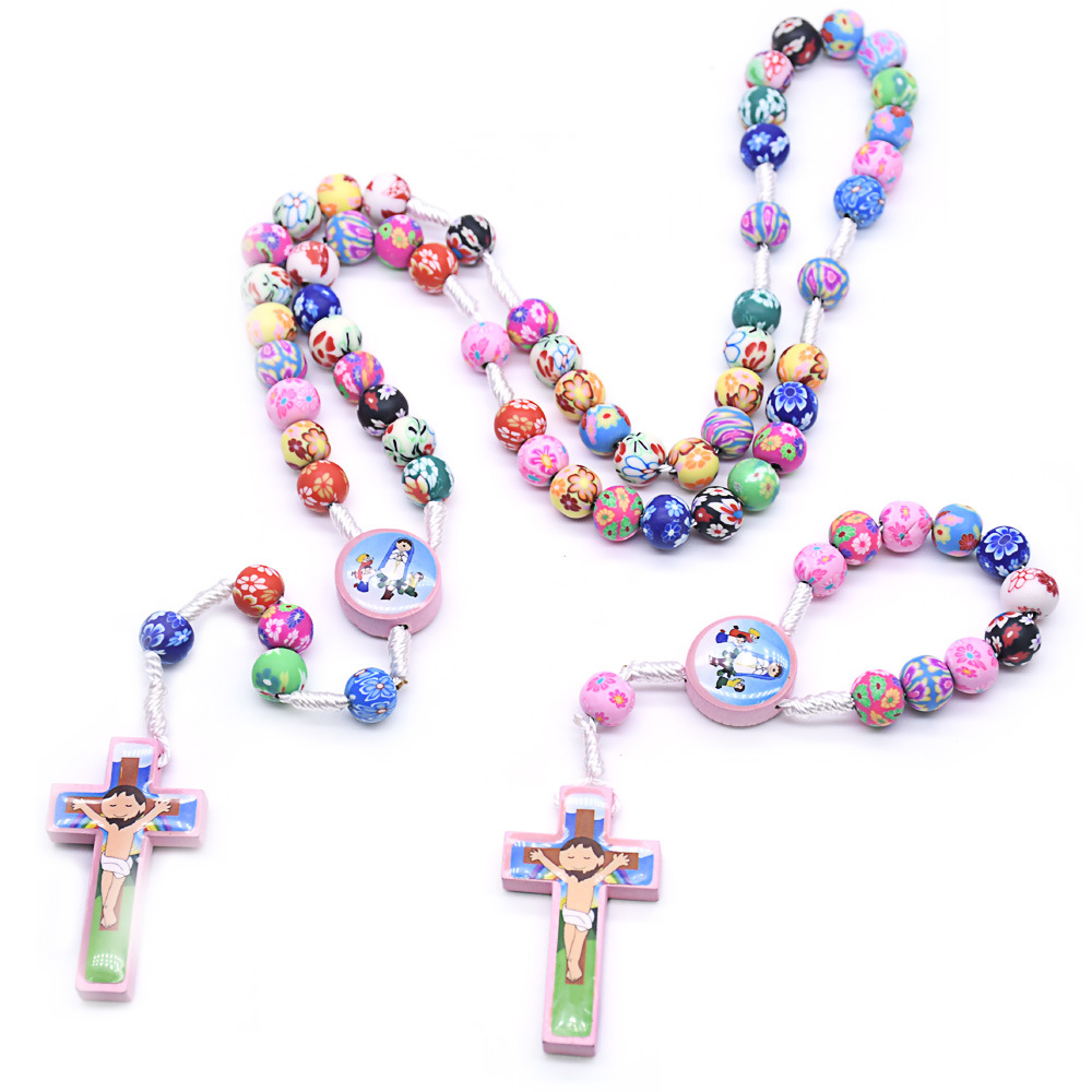 Wholesale Cross Bracelet Handmade Rosary Bracelet Color Polymer Clay Children's Cross Prayer Beads Rosary