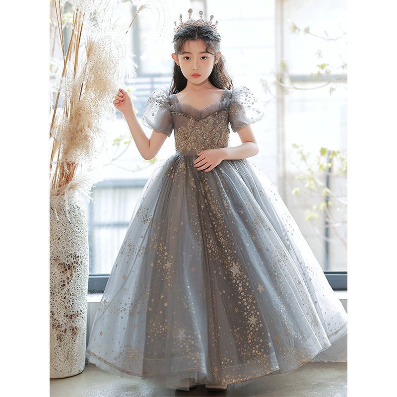 儿童礼服薄款高端女童公主裙灰色花童婚礼小女孩主持人钢琴演出服