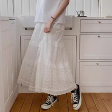 白色半身裙女新款高腰a字中长裙中长款蕾丝小个子蓬蓬蛋糕裙