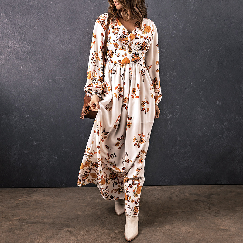 时颖欧美女士新款宽松长款连衣裙碎花印花套头休闲风长裙一件代发