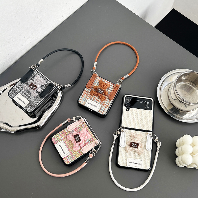 小熊格子手机壳适用三星zflip6翻盖式折叠屏Findn3Flip手提绳女款