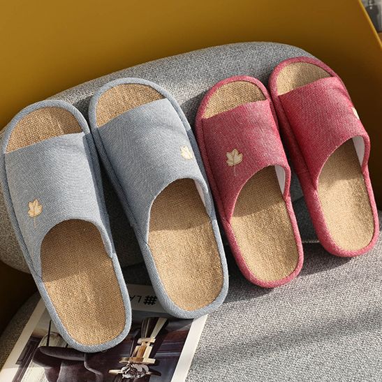 枫叶刺绣家居盆底拖鞋棉麻日式足弓家用防滑夏季情侣结婚拖鞋eva