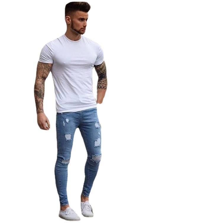 Aliexpress Wish Foreign Trade Mill White, Worn Slim-Fitting Ankle-Tied Jeans Wholesale European and American Men's Skinny Denim 1018