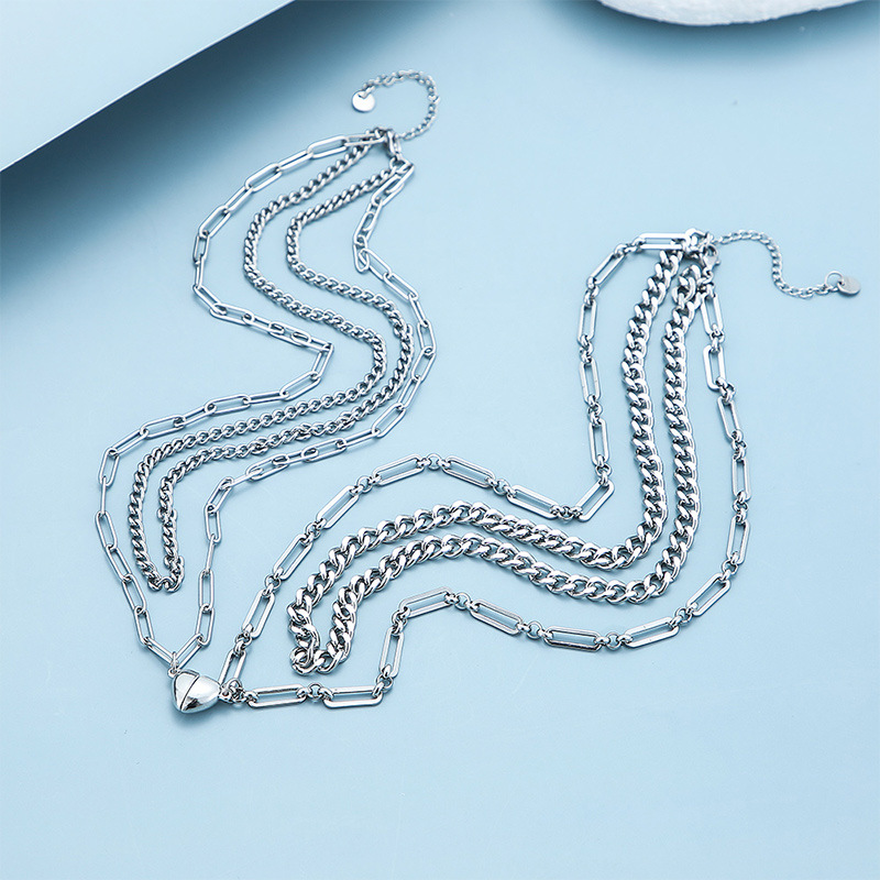 抖音热卖项链killwinner怦然心动叠戴拼接 磁铁爱心相吸情侣链条