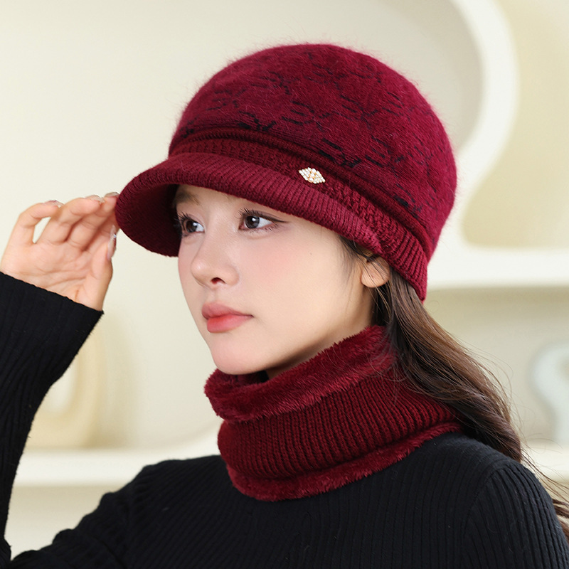 中老年人帽子女士秋冬兔毛针织加绒保暖毛线帽妈妈鸭舌贝雷帽围脖