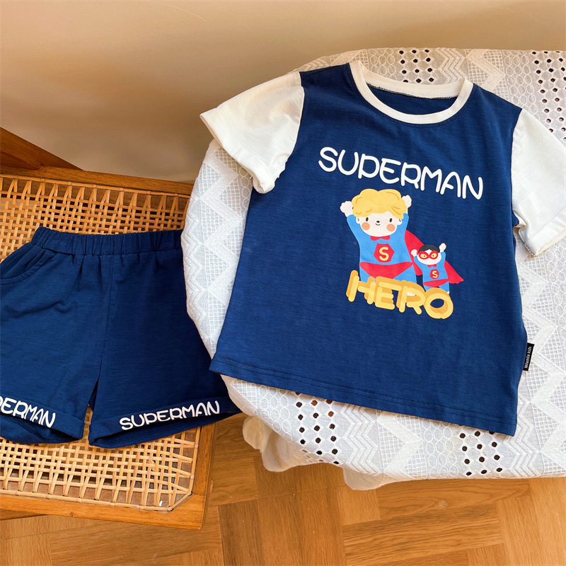 Short-Sleeved Shorts Woven Children's Clothing Summer Children's Kindergarten Comfortable Breathable Leisure Sports Fake Two-Piece Color Matching Baby Clothes