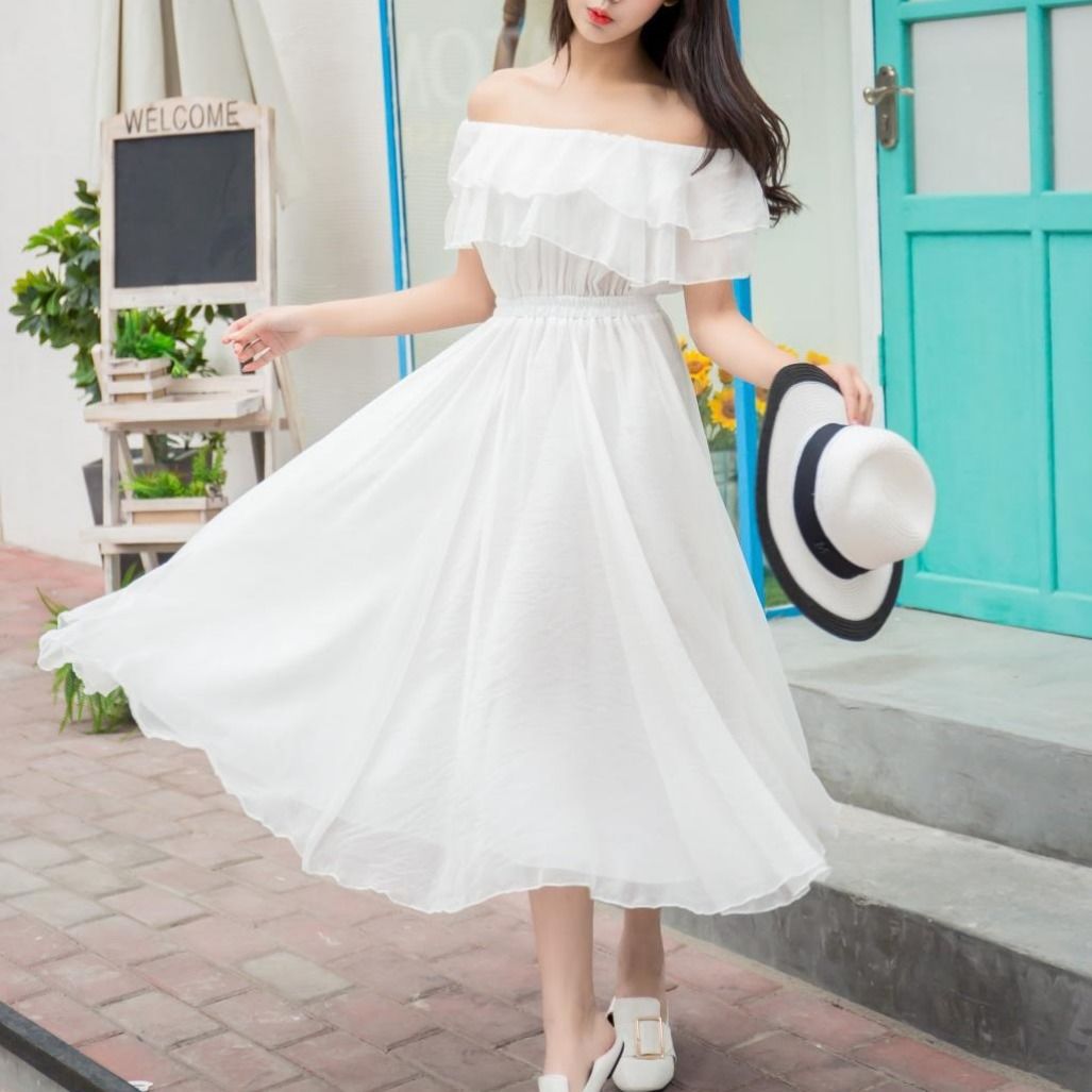 巴厘岛度假沙滩裙雪纺一字肩连衣裙女长款露肩裙子女收腰显瘦仙女