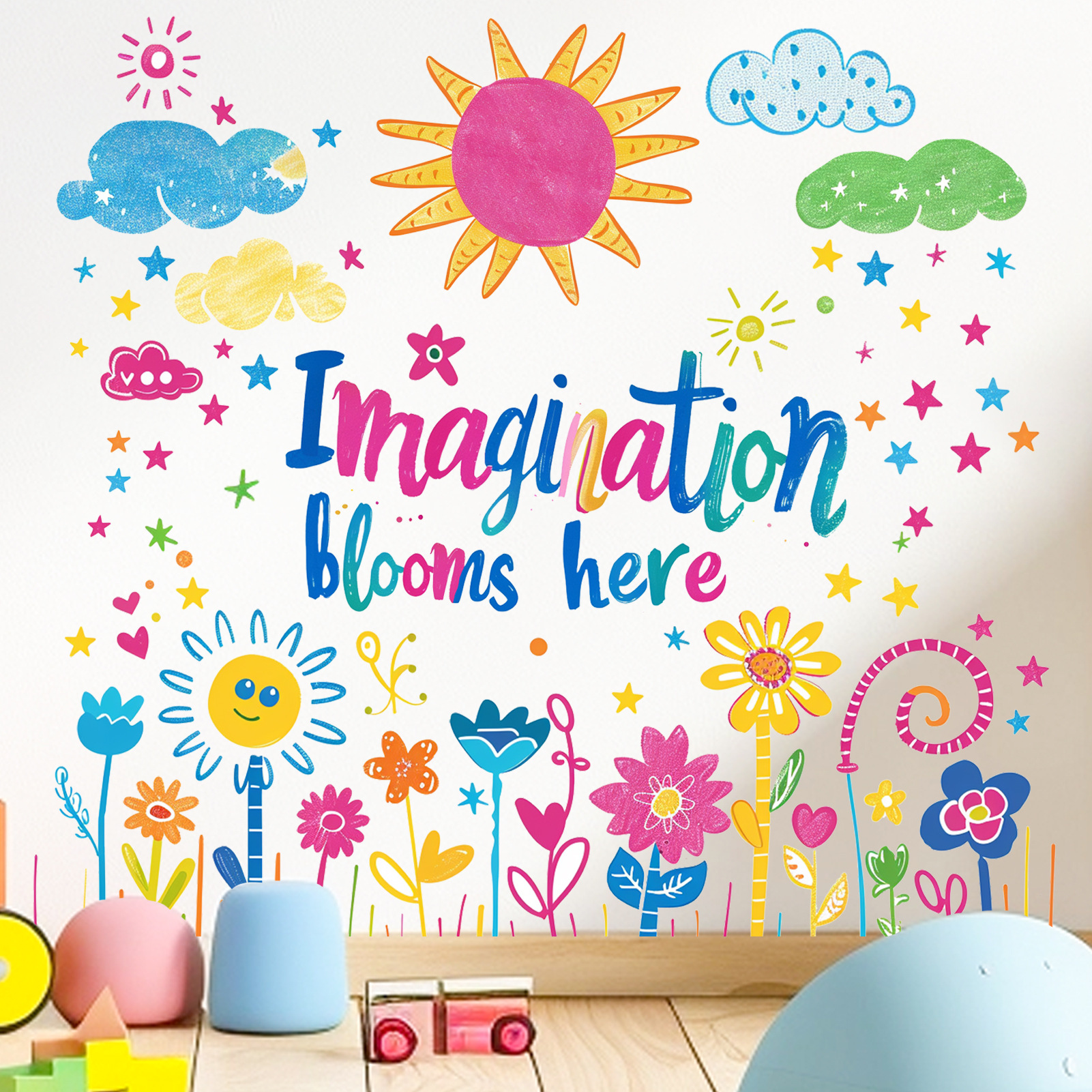 新款MS-GC009开学季手绘彩色英文标语花卉儿童房幼儿园背景墙贴纸