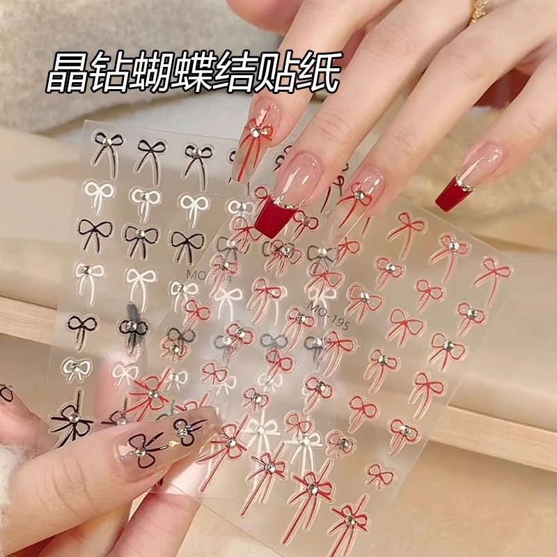网红爆款晶钻蝴蝶美甲贴纸2024新款黑白新年红薄韧指甲贴花装饰品
