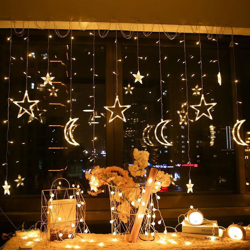 跨境爆款太阳能星月灯窗帘灯星星灯太阳能灯串彩灯串网红房间装饰-报