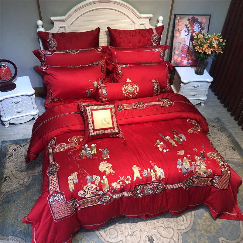 中式100支长绒棉新婚庆百子图四件套大红刺绣结婚床上用品十件套
