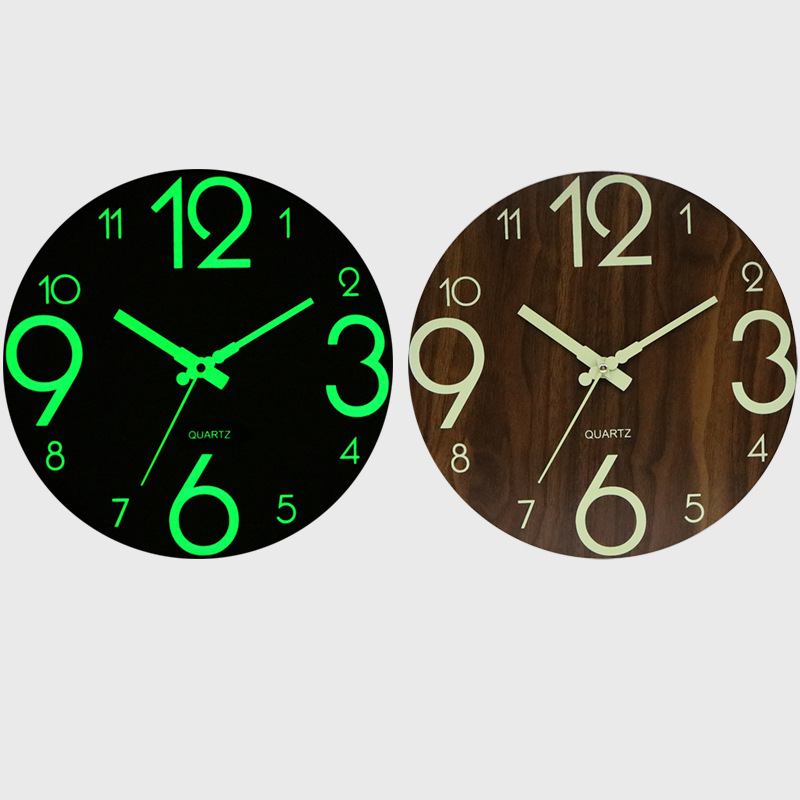 时尚夜光石英钟创意书房挂钟卧室墙表墙贴钟现代简约时钟木质钟表
