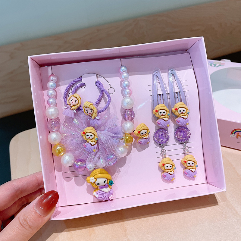 Children's Ornaments Gift Set Little Girl Hair Accessories Jewelry Birthday Gift Princess Necklace Earrings Portable Box Wholesale