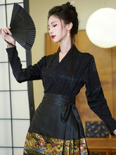 古风交领上衣配马面裙的衬衫V领长袖黑色女秋新中式国风汉服衬衫