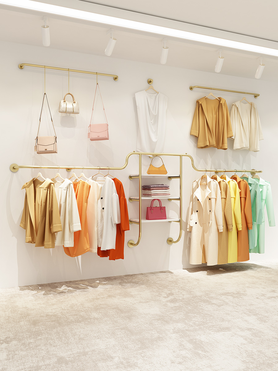 服装店架子上墙壁挂式金色展示架女装店铺专用衣服挂衣架支持