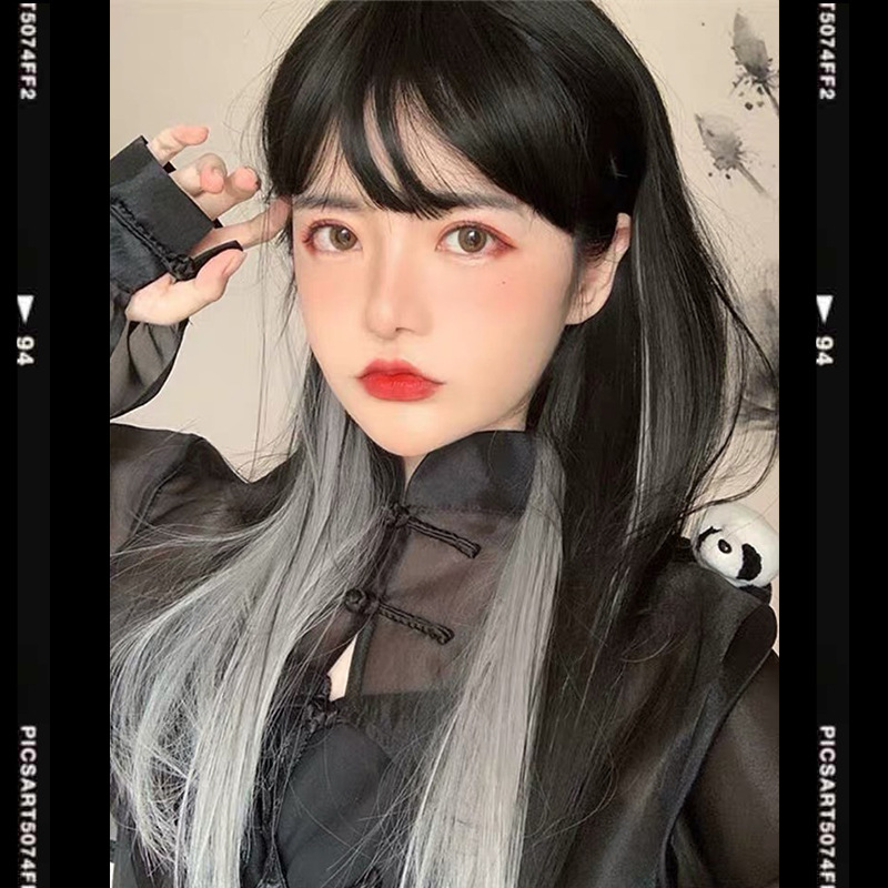 女发黑银灰挂耳挑染假发全头套网红渐变奶奶灰长直发lolita逼真