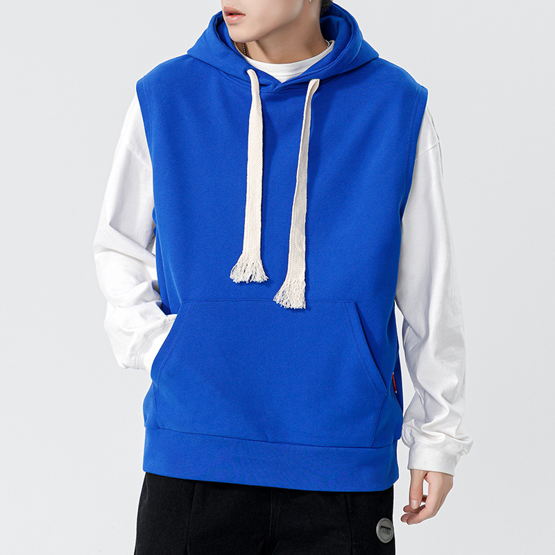 鲲海鹏云男装秋冬新款无袖连帽卫衣男外搭宽松纯色运动背心男上衣