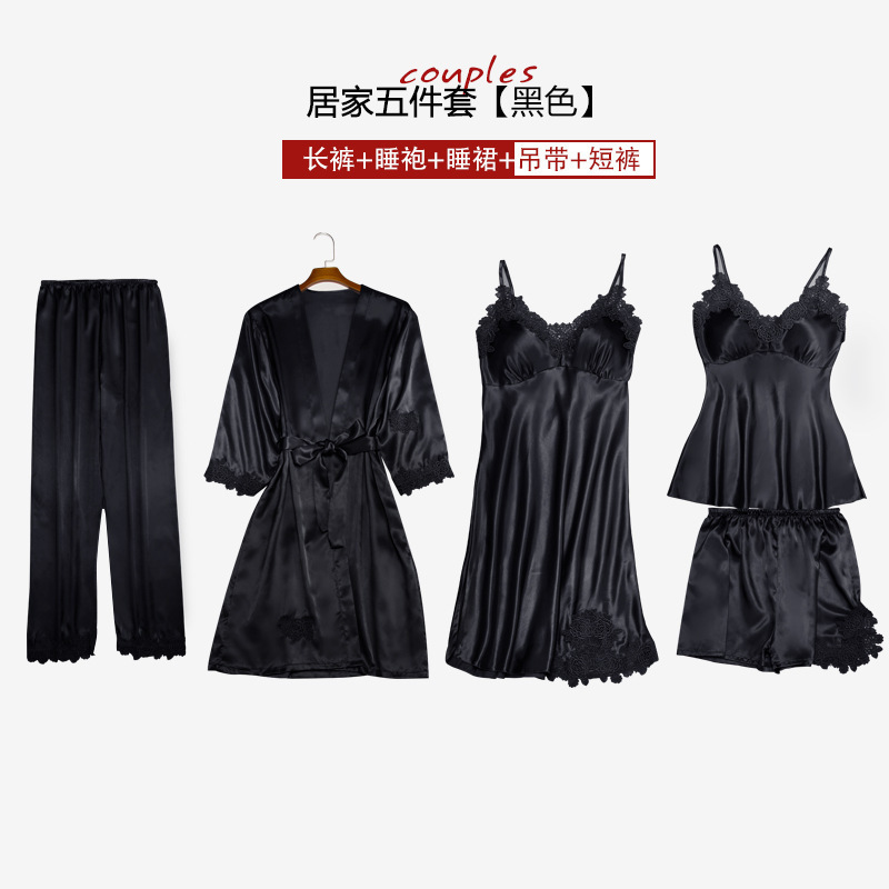 Women's Autumn Winter Summer Sexy Artificial Silk Pajamas Five-Piece Sling with Chest Pad for Hair Generation Women Homewear Night-Robe