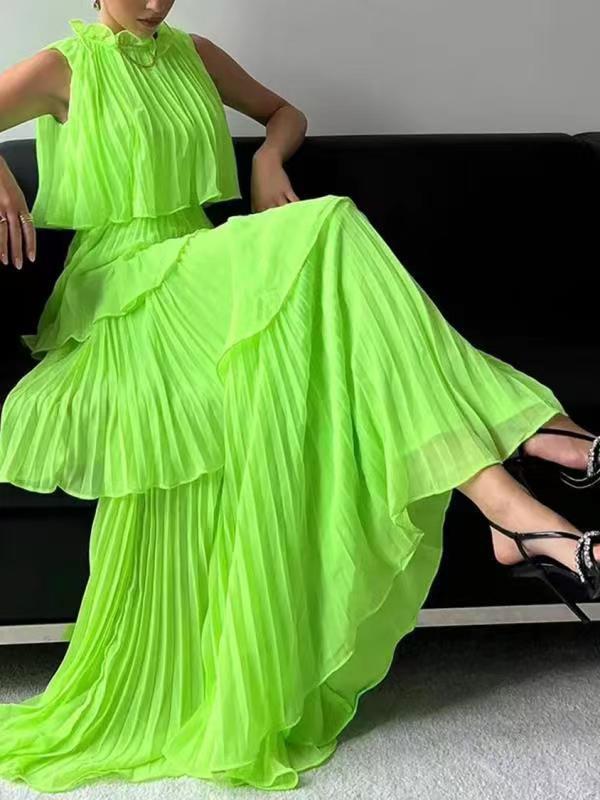 绿色裙子欧美流行女装时尚压褶拼接无袖长款蛋糕裙夏季原创大摆裙