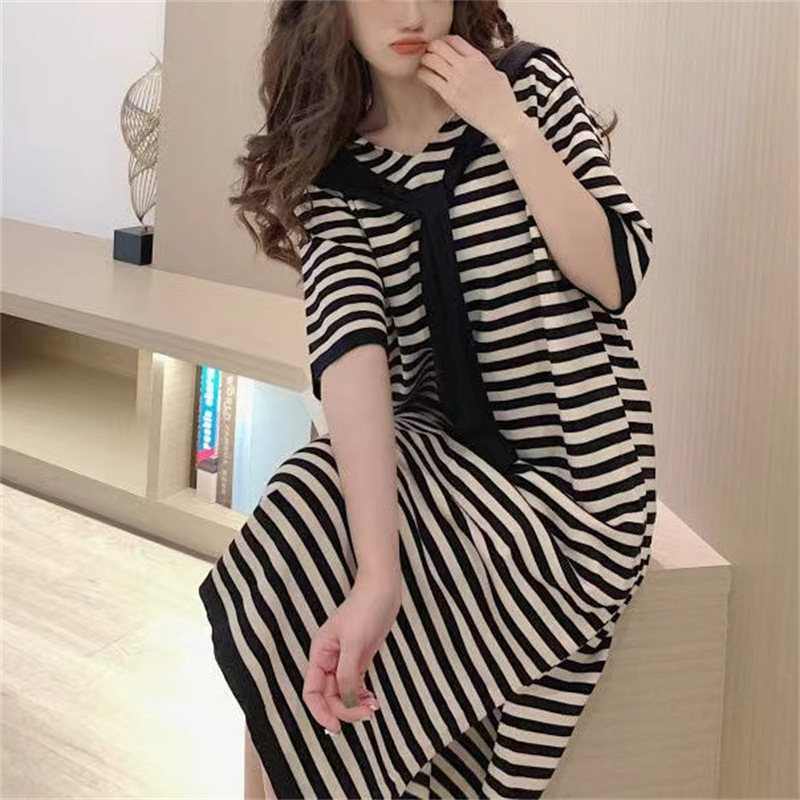 Large Size Dress 100.00kg Plump Girls Summer Stripes Loose Slimming Short Sleeve Hooded Mid-Length Knitted Breathable Dress