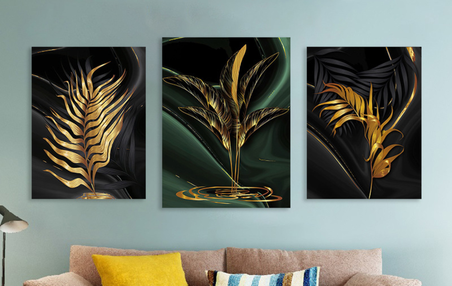 抽象绿色金色叶子植物现代北欧装饰画芯帆布画酒店配画速卖通wish