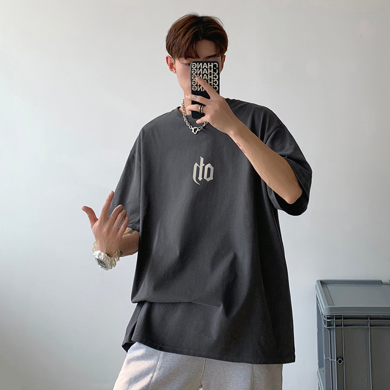 2023 Summer Breathable Short-Sleeved T-shirt Men's Ins Fashion Brand Top Students Hong Kong Style Heavy Cotton Men's Drop-Shoulder T-shirt