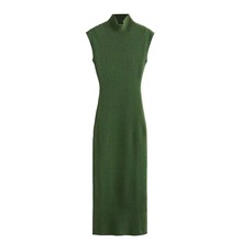 外贸批发2023冬季新款绿色高领针织无袖连衣裙金属色线针织长裙