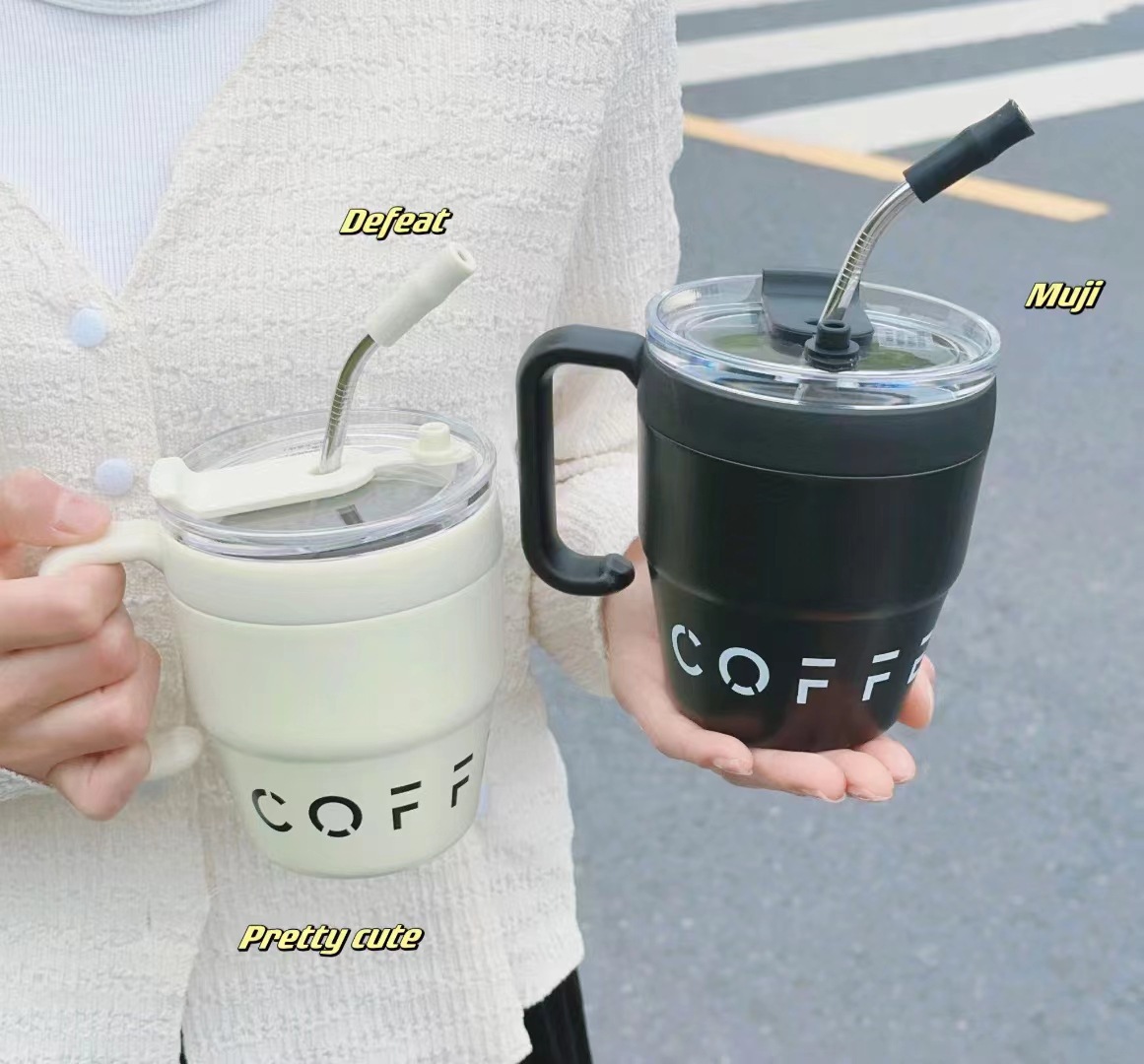 Good-looking Heat and Cold Insulation Coffee Cup with Straw Office Home with Handle Boys and Girls Stainless Steel Mug Cup