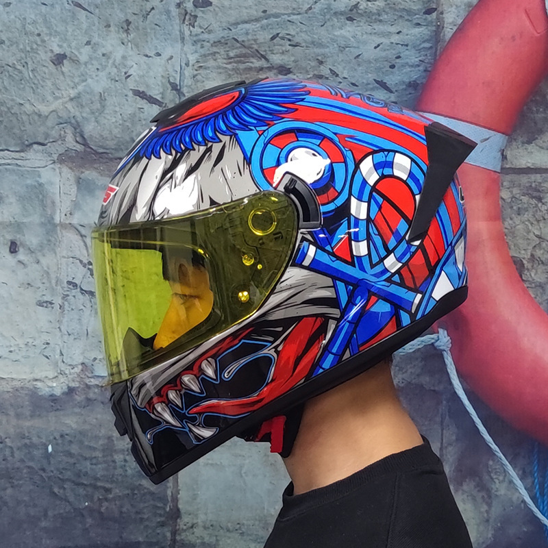 lvs仿赛街车头盔男摩托车全盔覆电动车秋冬全盔骑士双镜片长尾翼