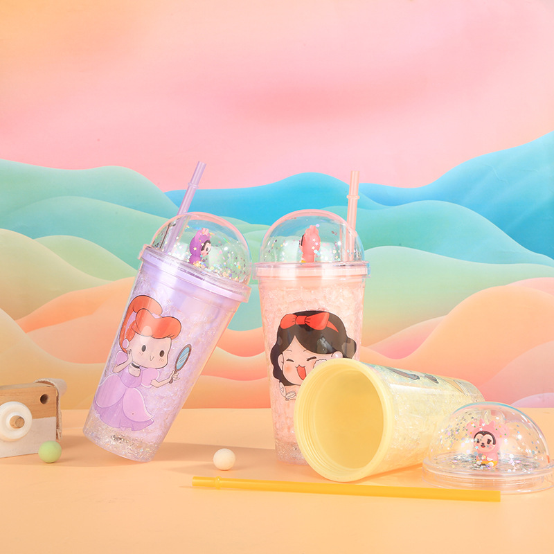 New Creative Little Girl Double Plastic Straw Cup Good-looking Internet Celebrity Summer Ice Cup Children Cartoon Gift Cup