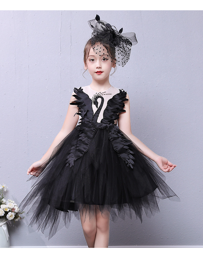 儿童礼服新款女童黑色蓬蓬纱天鹅公主裙女孩走秀钢琴主持人演出服