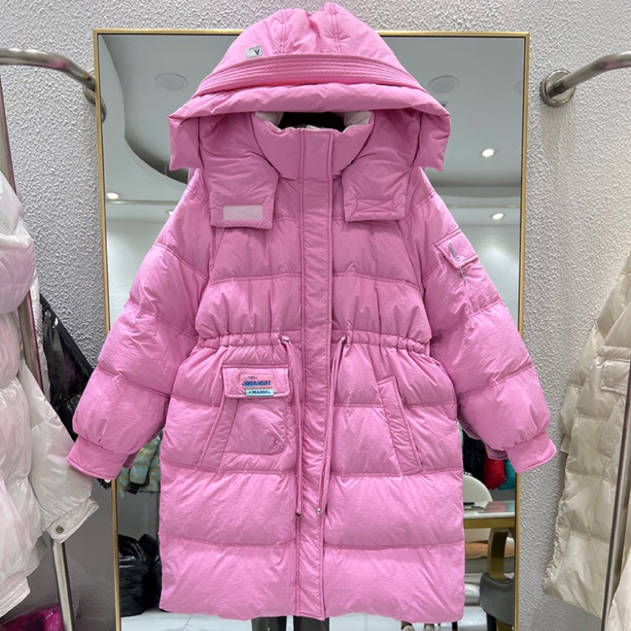 2023冬季新款厚中长款羽绒服女时抽绳收腰休闲修身连帽白鸭绒外套