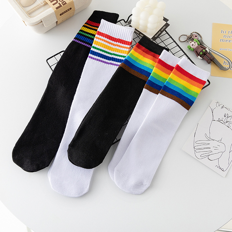 潮袜儿童白色七彩彩虹条纹中筒棉袜街舞嘻哈风搭配袜学生表演袜子