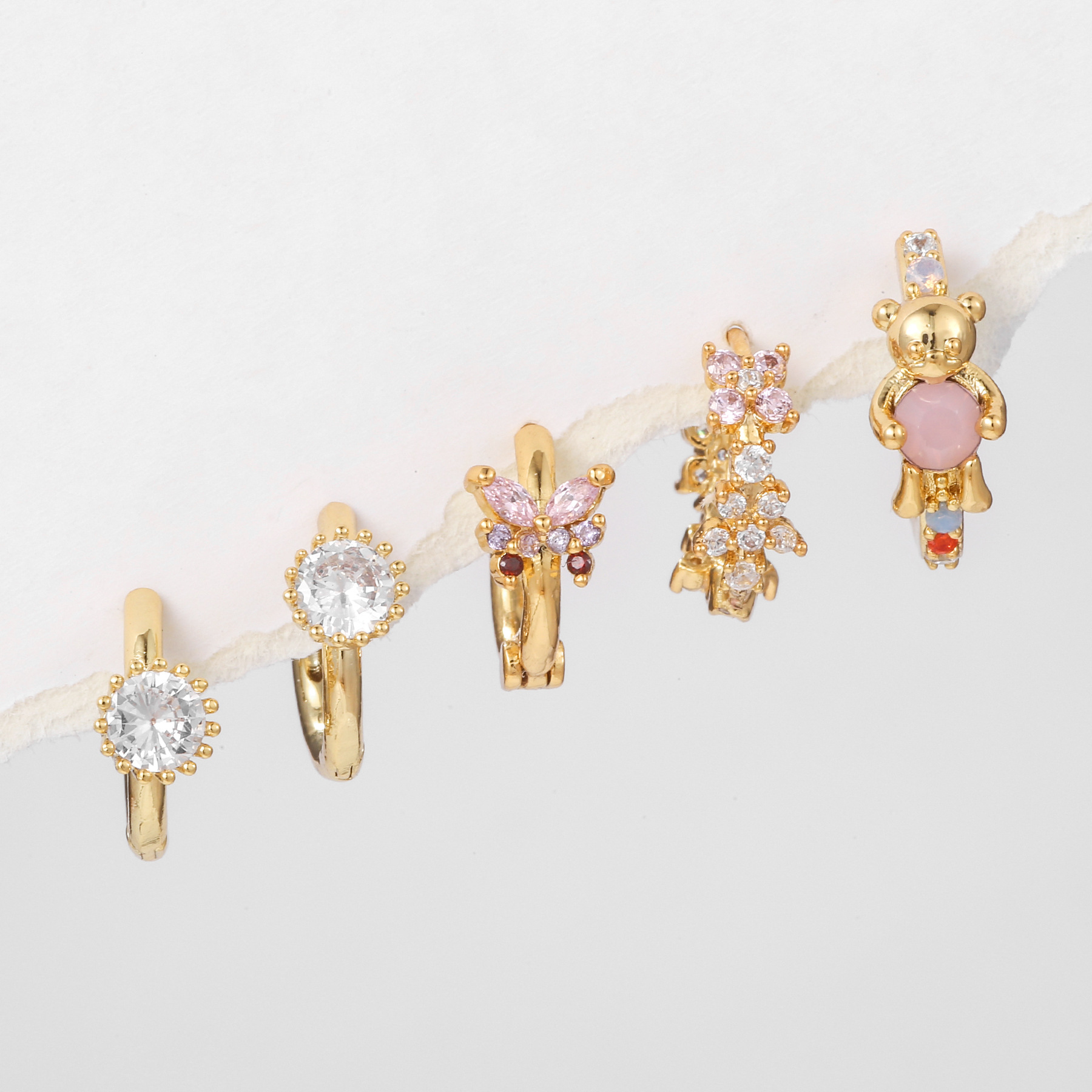 Korean Dongdaemun Same Product Earrings New Ear-Caring Earrings Bear Zircon Five-Piece Set Ear Clip Ear Rings Wholesale