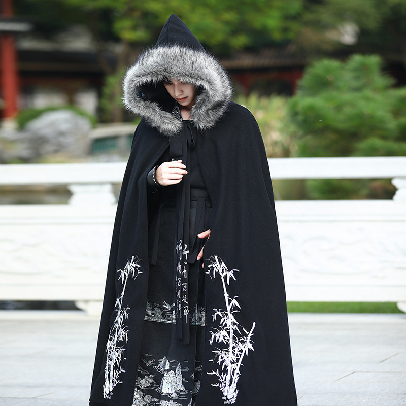 Winter Original Han Chinese Clothing for Men Long Chinese Style Fleece-lined Cape Cloak Anime Costume Costume Coat Woven Gold Horse-Face Skirt