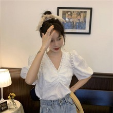 气质珍珠领衬衫女夏季2024年新款韩版温柔风上衣洋气泡泡袖衬衣