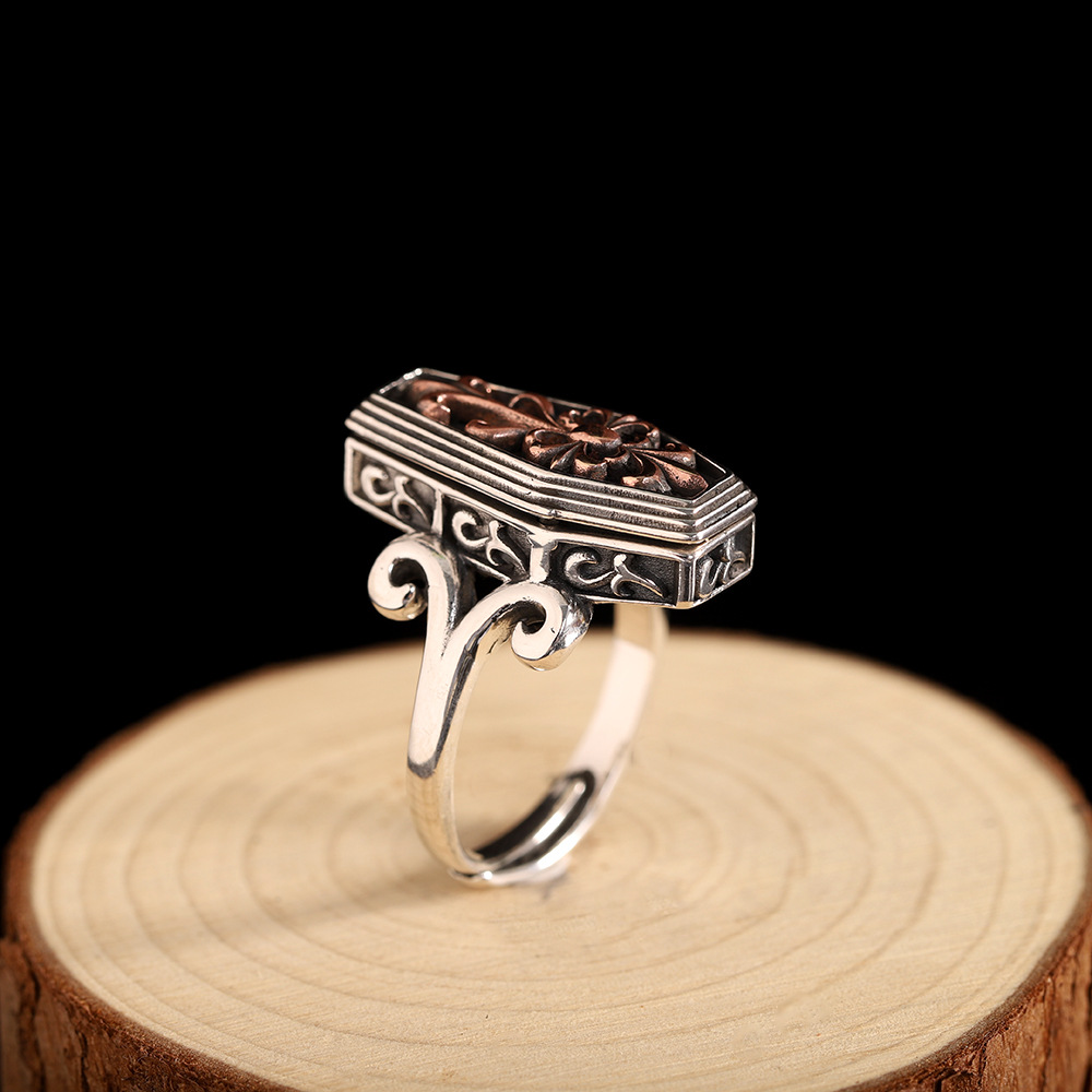 人品银品 泰银做旧手饰s925银饰品个性男士戒指 开口指环嘎乌盒