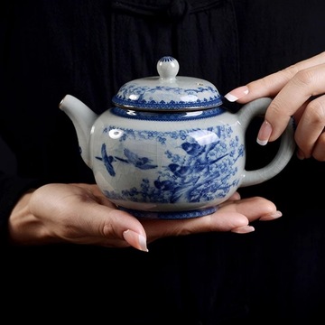 景德镇老陶泥青花花鸟茶壶复古家用功夫茶具泡茶壶过滤单壶大容量
