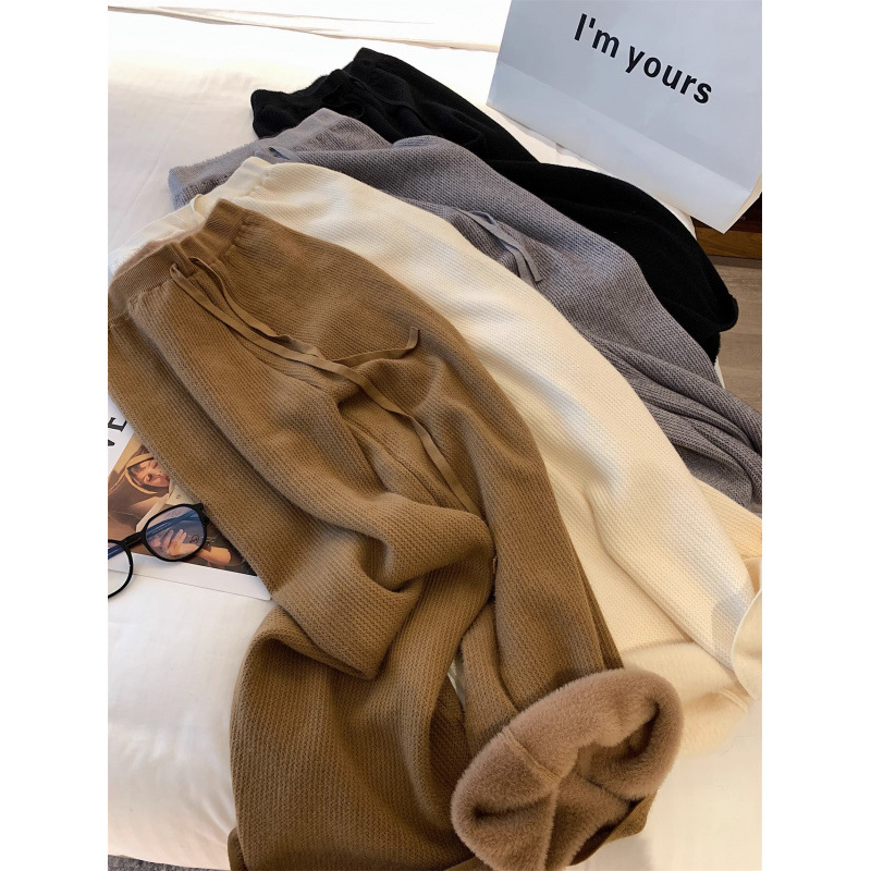 加绒加厚华夫格针织阔腿裤女2025冬季新款貂绒抽绳高腰拖地裤子潮