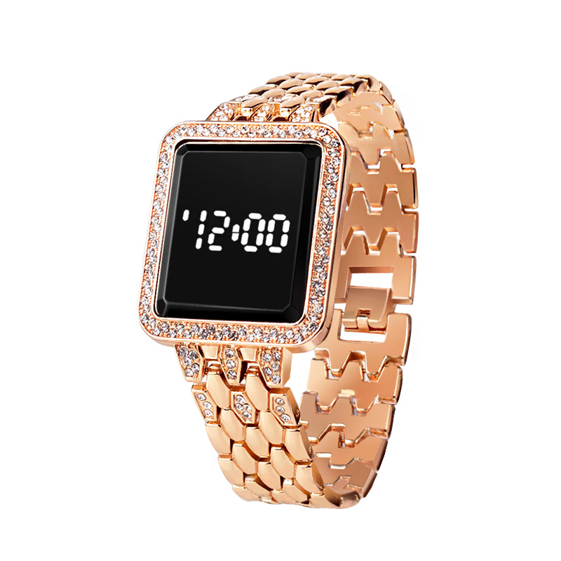 Factory Direct Sales New Square Diamond Electronic Watch Led Fashion Women's Steel Belt Touch Watch Electronic Watch