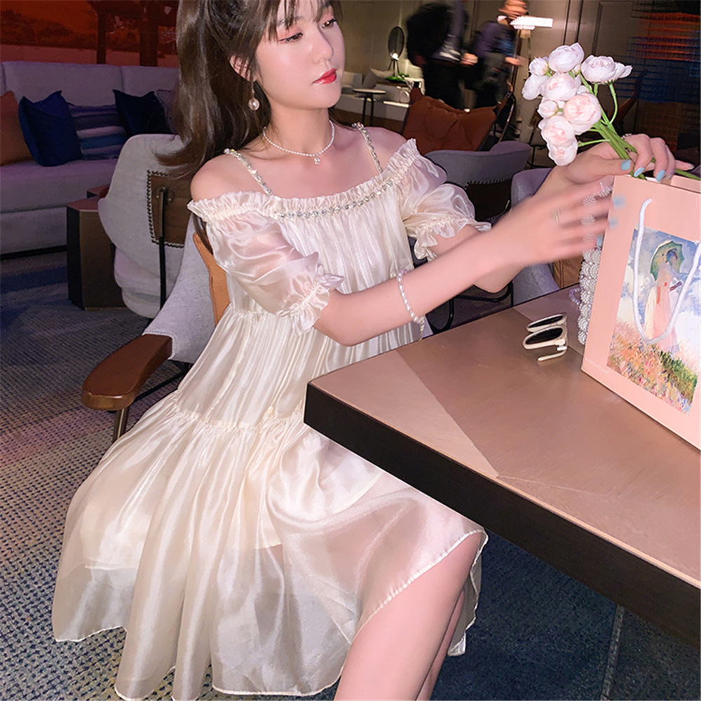 梦梦家温柔甜美一字肩吊带连衣裙2021年新款春夏泡泡袖仙女娃娃裙