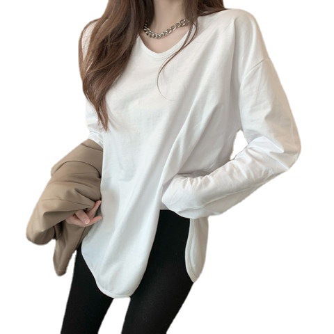 2023 Early Autumn New Base Shirt Loose Cotton White Long Sleeve T-shirt Women's Split Large Version Outer Wear Western Style Top