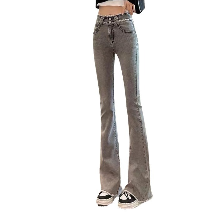 Smoky Gray Skinny Jeans for Women 2023 Summer New Slim Fit Slimming and Fashionable Washed Distressed Flared Pants Trendy