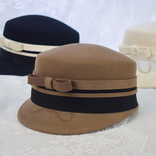秋冬新款白色羊毛呢帽子马术帽女士潮撞色蝴蝶结保暖时装帽毡帽