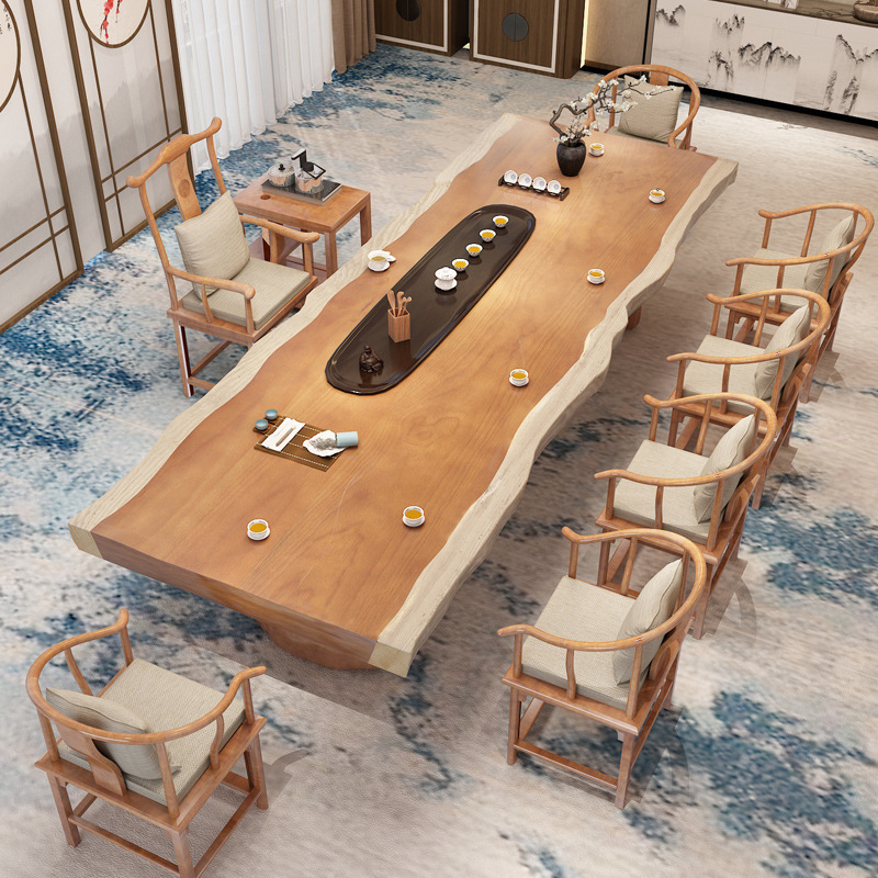 新中式实木大茶台茶室禅意会客大板泡茶桌办公室接待茶桌椅组合