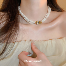 法式多层珍珠方形镶钻项链复古轻奢气质颈链锁骨链时尚高级感项饰