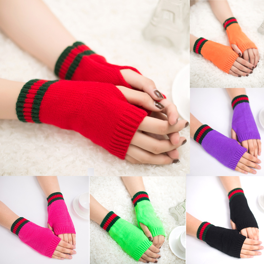 日韩红绿条纹毛线手套凹造型漏指手套学院风穿指彩色保暖手套jk风