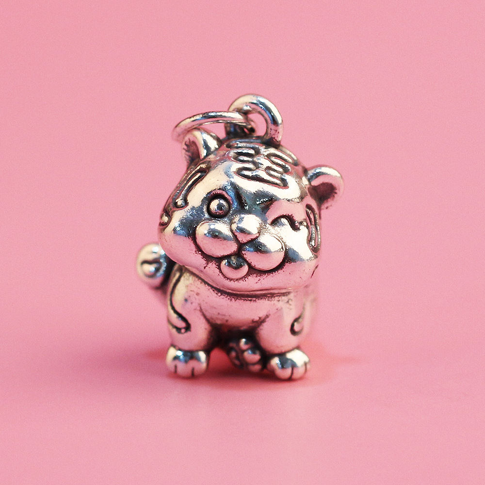 999足银复古泰银小胖虎吊坠老虎坠子手链编绳材料本命年生肖挂件